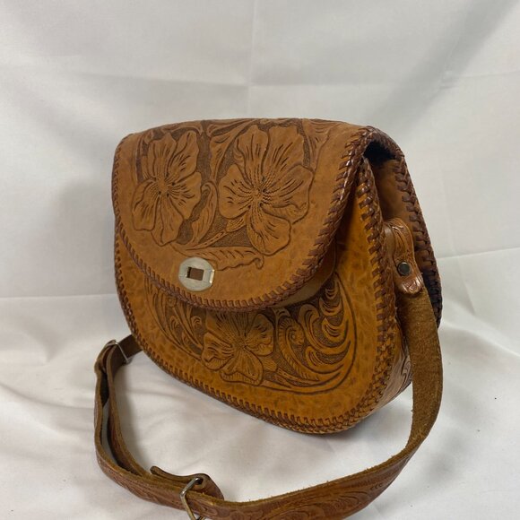 Western Hand Tooled Leather Handbag VTG Handmade Floral Purse Strap Brass - Picture 11 of 11